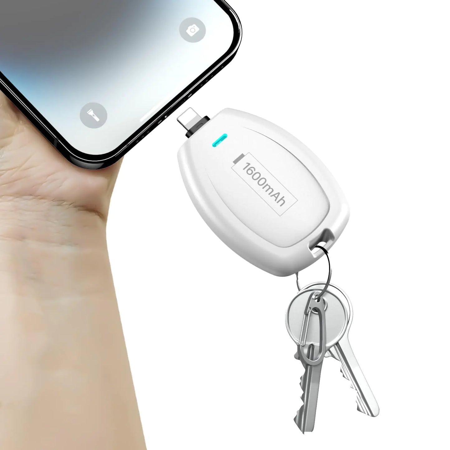HUAENG Keychain Portable Charger for iPhone 1600mAh Mini Power Emergency Pod Ultra-Compact External Power Bank Battery Pack Key Ring Cell Phone Charger for iPhone 6S XR 12 14 Airpods-Wihte
