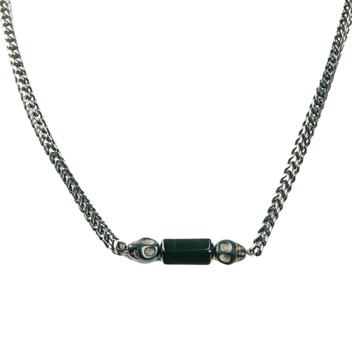 Onyx Barrel with Skulls and Gun Metal Chain Necklace