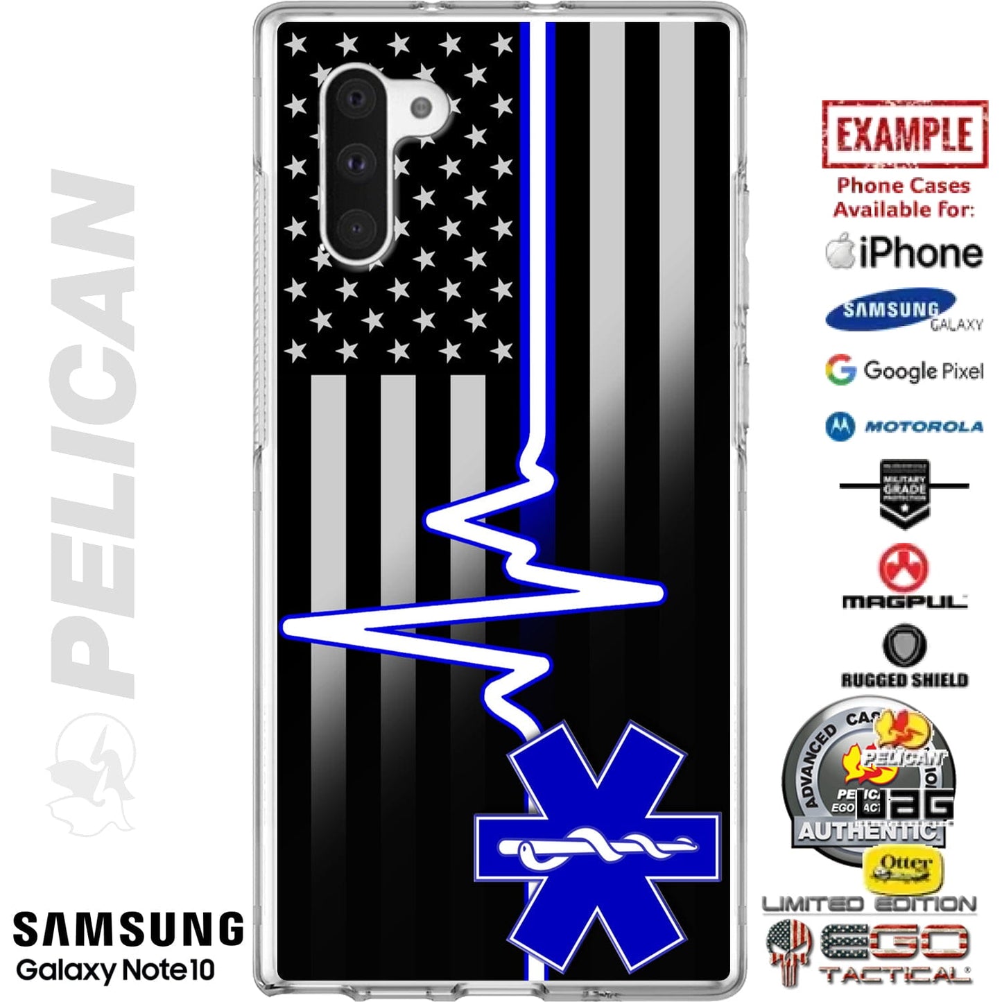 Thin Blue-White Line EMR 1st Responders Nurses Doctors US American Flag Subdued Custom Printed Case Design for Apple, Samsung, Google & Motorola Phone Models