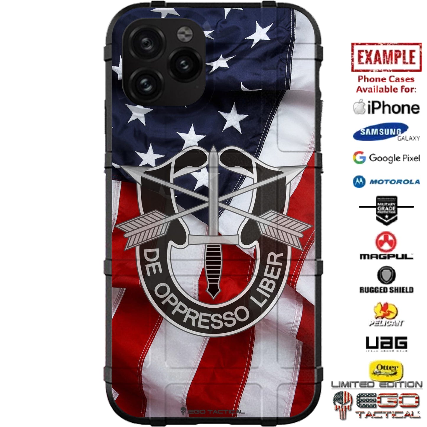 United States Army Special Forces De Oppresso Liber on Waving Flag Custom Printed Case Design for Apple, Samsung, Google & Motorola Phone Models