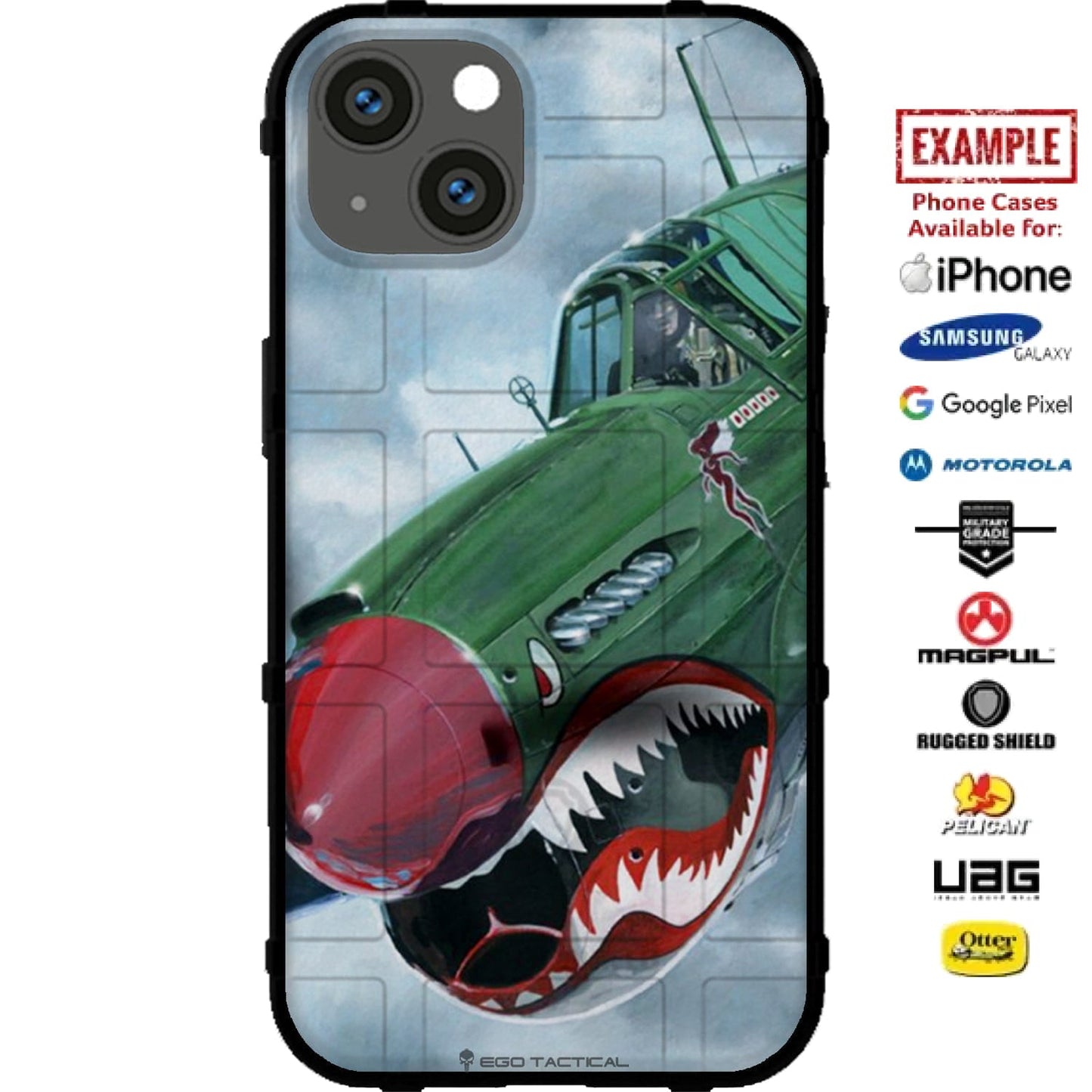 P-40E Kittyhawk Curtiss Warhawk Flying Tigers Army Air force WWII Custom Printed Case Design for Apple, Samsung, Google & Motorola Phone Models