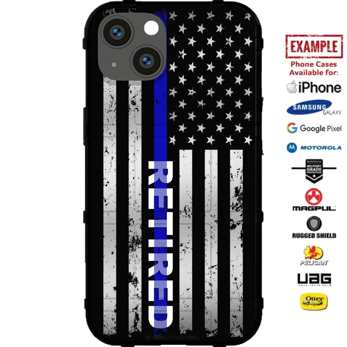 Retired Thin Blue Line US American Flag Subdued Law Enforcement Custom Printed Case Design for Apple, Samsung, Google & Motorola Phone Models