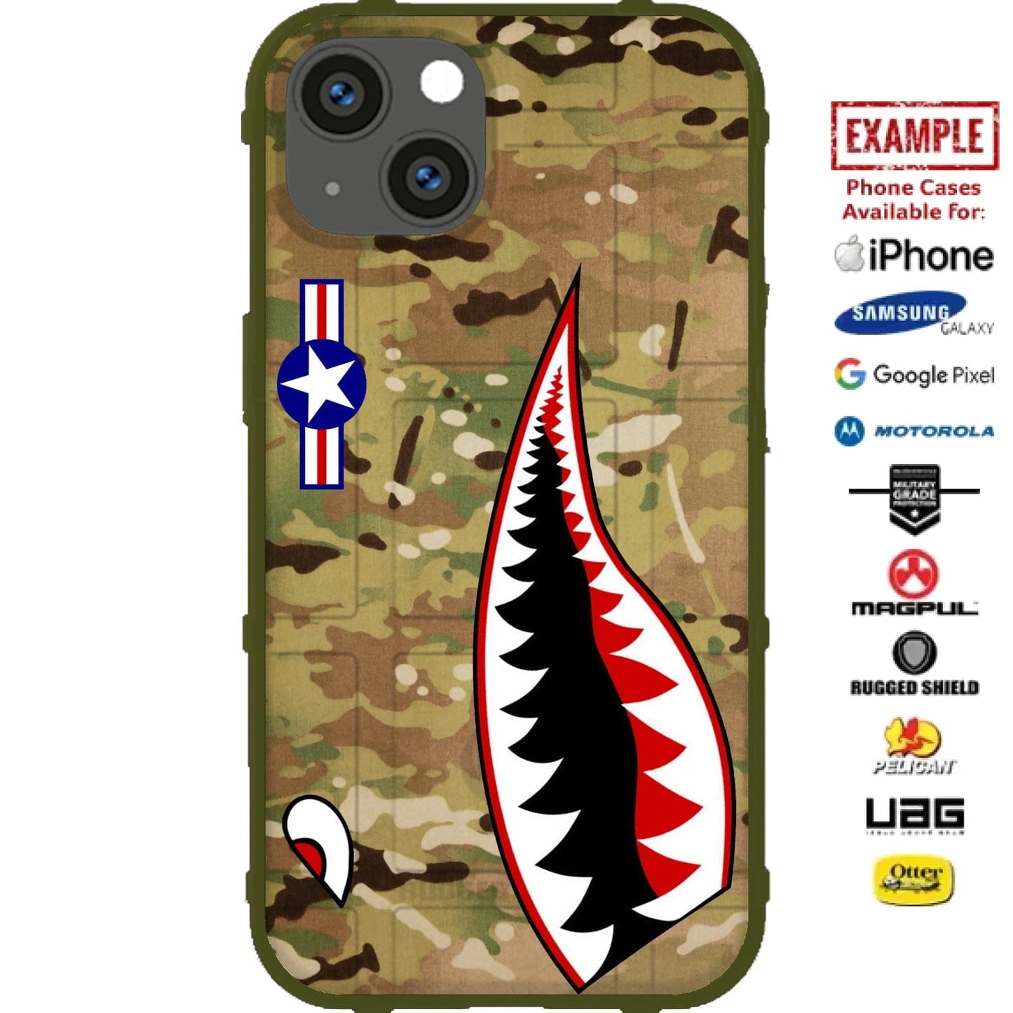 P-40 Warhawk Flying Tigers Sharktooth on Multicam Scorpion OCP Custom Printed Case Design for Apple, Samsung, Google & Motorola Phone Models