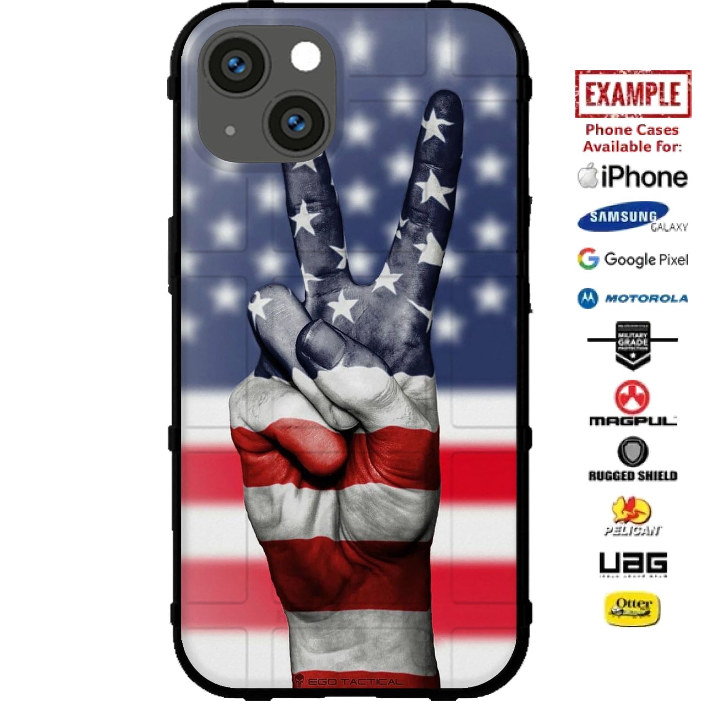 Peace Sign US American Flag Custom Printed Case Design for Apple, Samsung, Google & Motorola Phone Models