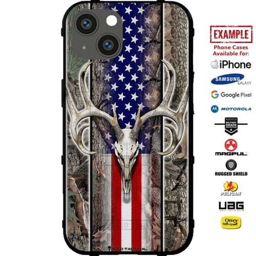 Deer Skull Oak Camo Hunter US Flag Custom Printed Case Design for Apple, Samsung, Google & Motorola Phone Models