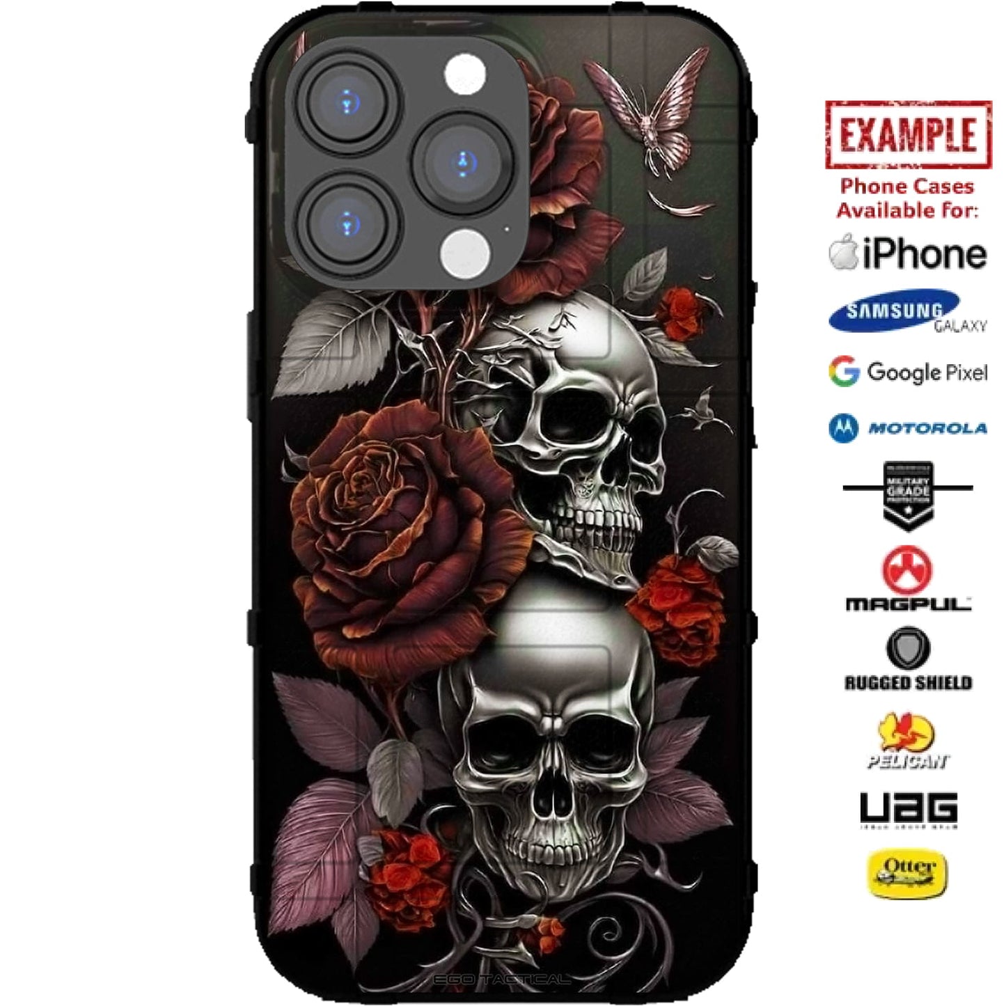 Skulls and Roses Custom Printed Case Design for Apple, Samsung, Google & Motorola Phone Models