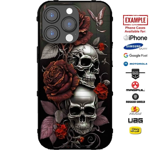 Skulls and Roses Custom Printed Case Design for Apple, Samsung, Google & Motorola Phone Models