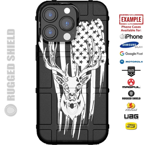 Deer Skull over Tattered US American Flag Custom Printed Case Design for Apple, Samsung, Google & Motorola Phone Models