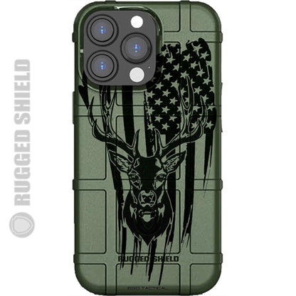 Deer Skull over Tattered US American Flag Custom Printed Case Design for Apple, Samsung, Google & Motorola Phone Models