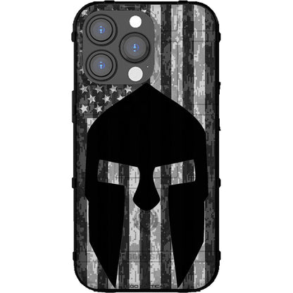 Black Spartan on U.S. Flag Digital Camouflage Custom Printed Case Design for Apple, Samsung, Google & Motorola Phone Models