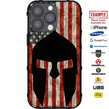 Black Spartan on U.S. Flag Digital Camouflage Custom Printed Case Design for Apple, Samsung, Google & Motorola Phone Models