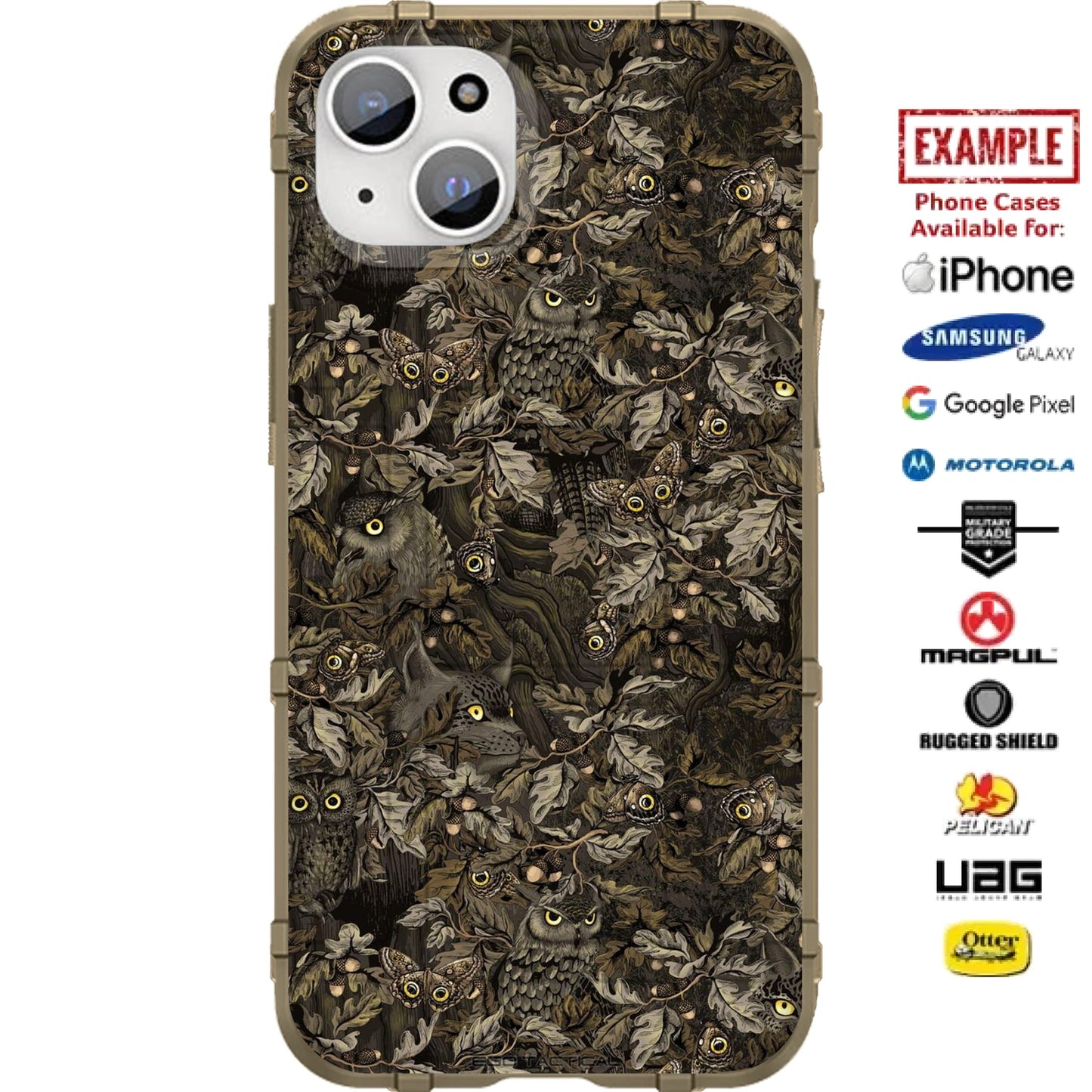 Owls Foliage Camouflage Pattern Custom Printed Case Design for Apple, Samsung, Google & Motorola Phone Models