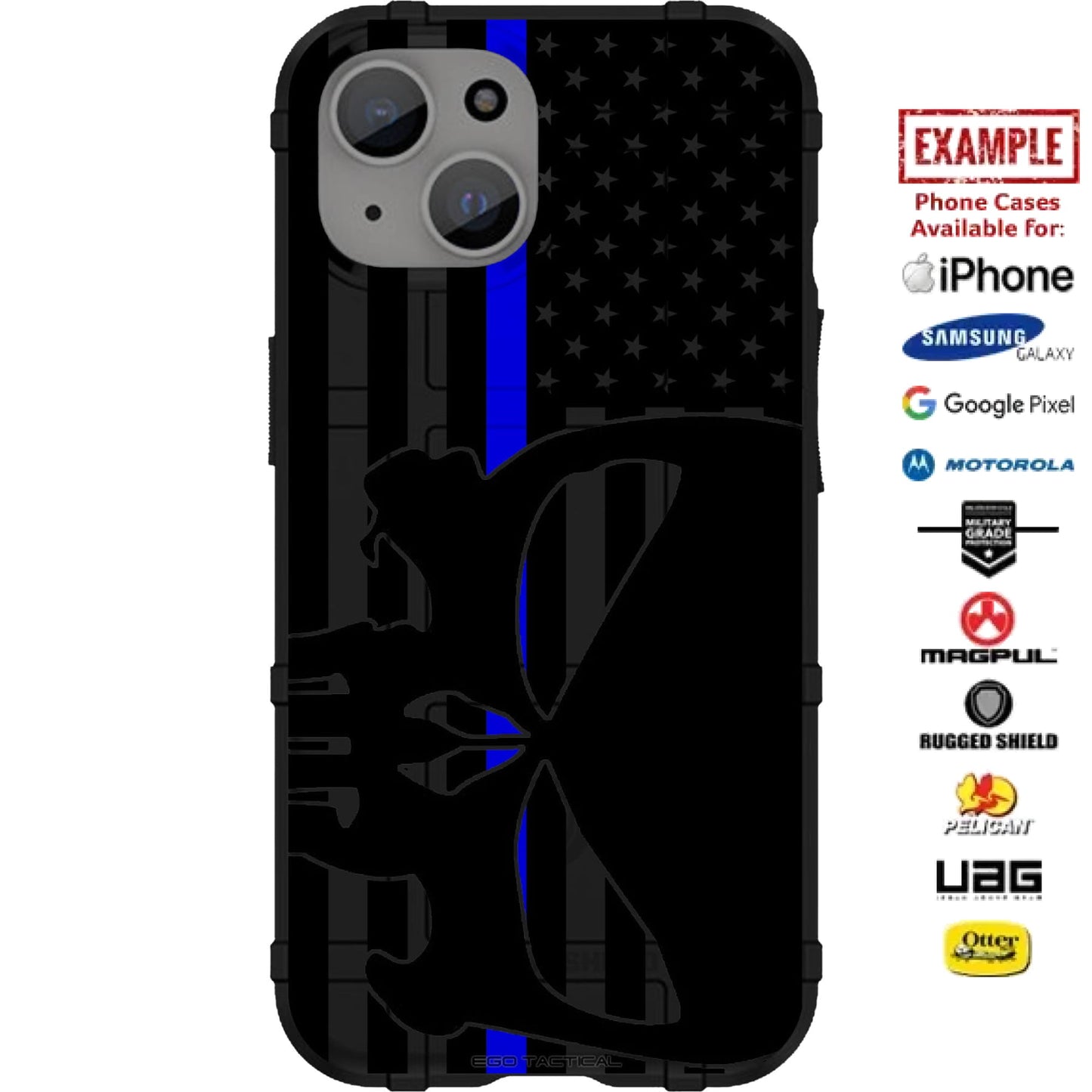 US American Flag Subdued Thin Blue Line Punisher, Police Police Custom Printed Case Design for Apple, Samsung, Google & Motorola Phone Models