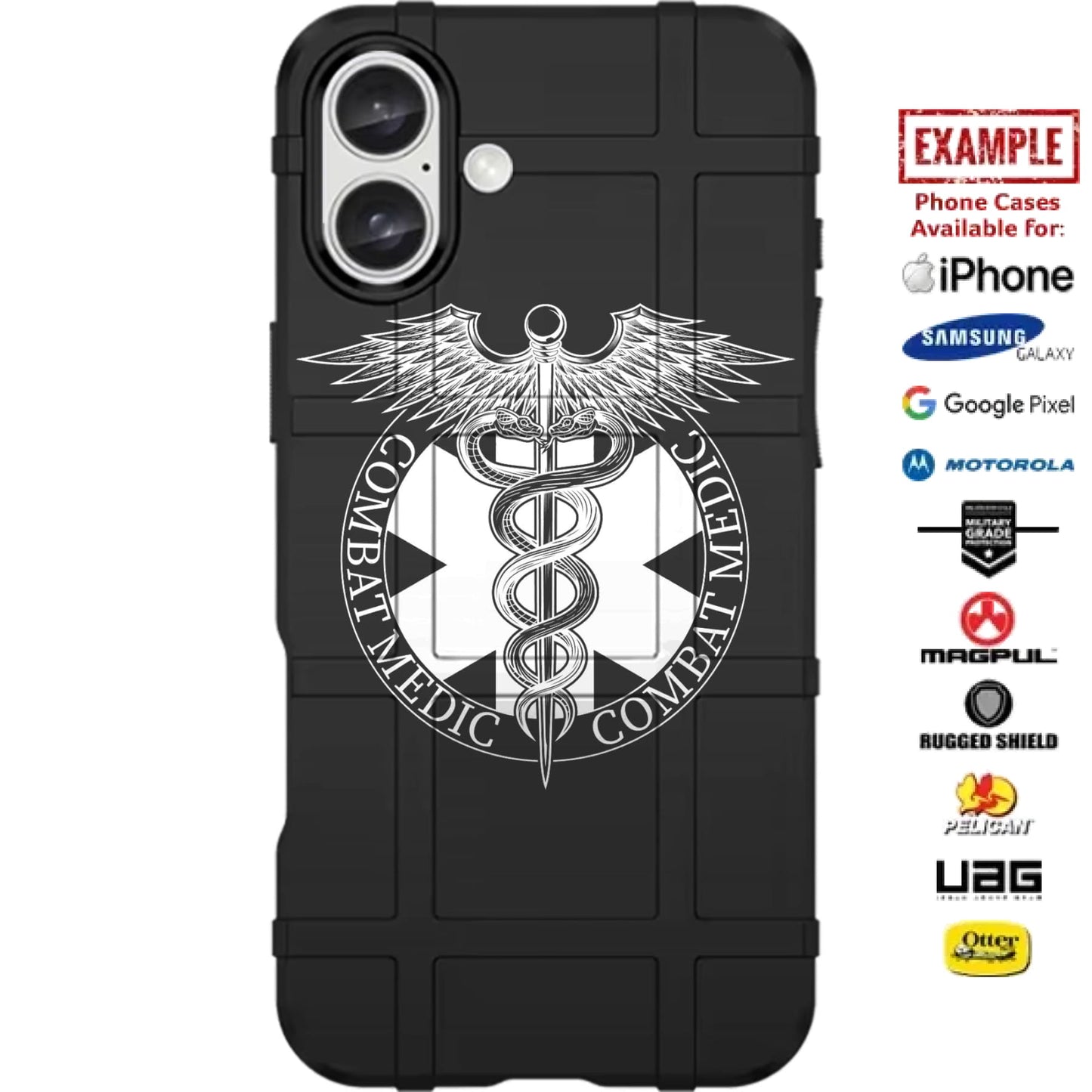 U.S. ARMY Combat Medic White on Black Design Custom Printed Case Design for Apple, Samsung, Google & Motorola Phone Models