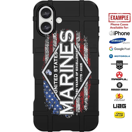U.S. Marine Corps 250th Birthday Special Edition 2025 US American Flag Custom Printed Case Design for Apple, Samsung, Google & Motorola Phone Models