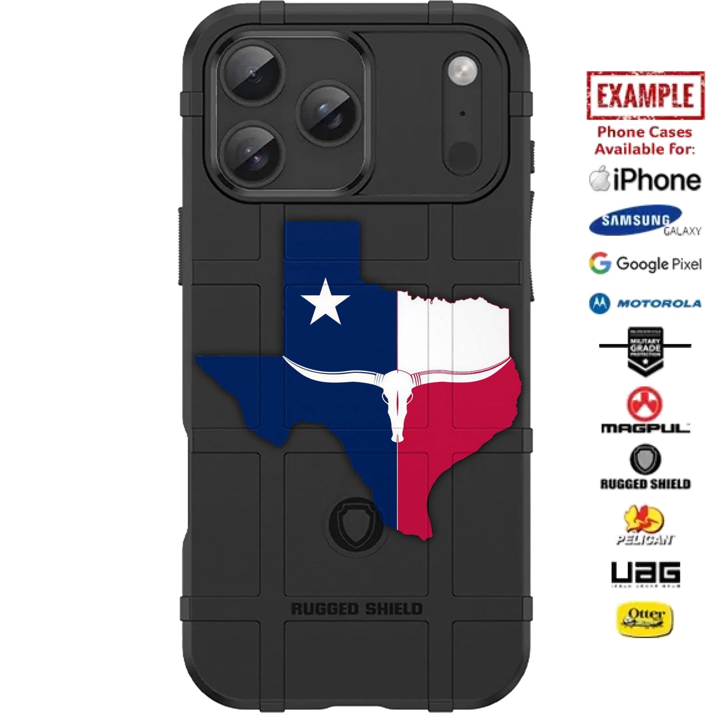 Texas State Flag Longhorns Custom Printed Case Design for Apple, Samsung, Google & Motorola Phone Models
