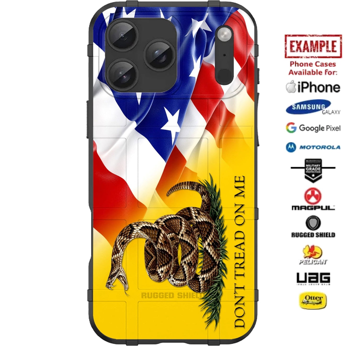 USA Waving Flag under Gadsden Don't Tread on Me Custom Printed Case Design for Apple, Samsung, Google & Motorola Phone Models