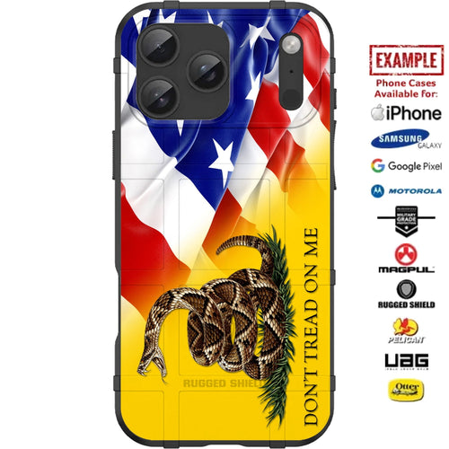 USA Waving Flag under Gadsden Don't Tread on Me Custom Printed Case Design for Apple, Samsung, Google & Motorola Phone Models