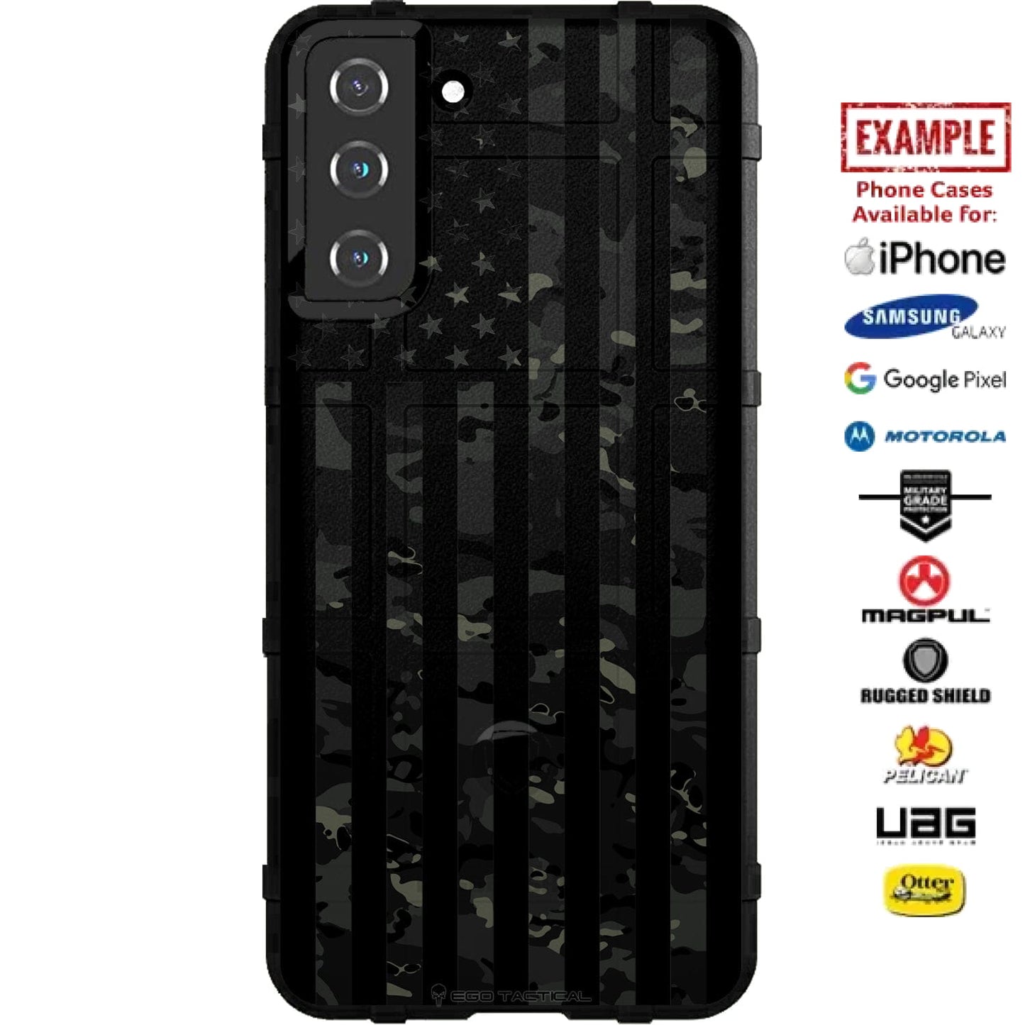 Black Multicam Camouflage under Subdued US American Flag Custom Printed Case Design for Apple, Samsung, Google & Motorola Phone Models