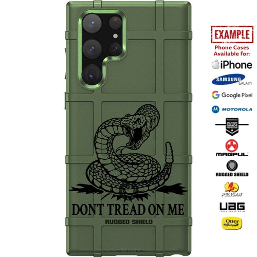 Don't Tread on Me Coiled Snake on OD Green Custom Printed Case Design for Apple, Samsung, Google & Motorola Phone Models