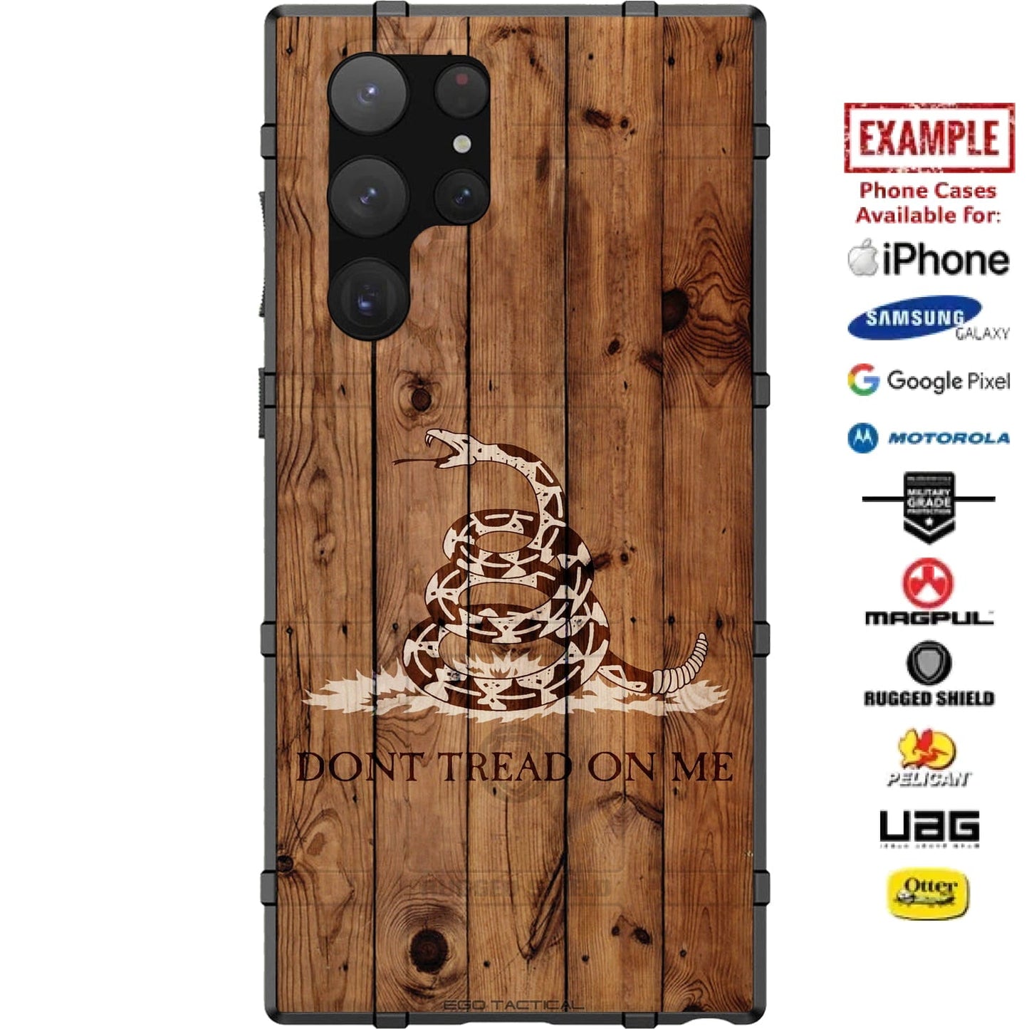 Don't Tread on Me Wood Burned Custom Printed Case Design for Apple, Samsung, Google & Motorola Phone Models