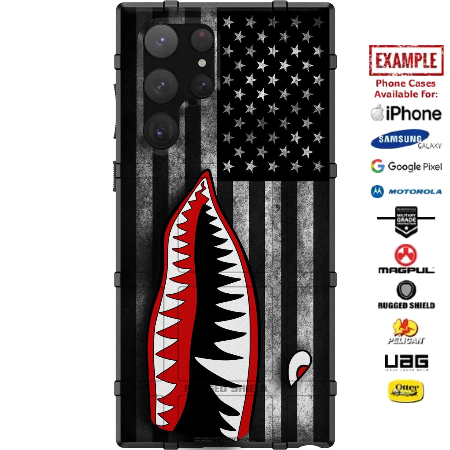 P-40 Warhawk Tiger Shark Teeth on Subdued US Flag Custom Printed Case Design for Apple, Samsung, Google & Motorola Phone Models