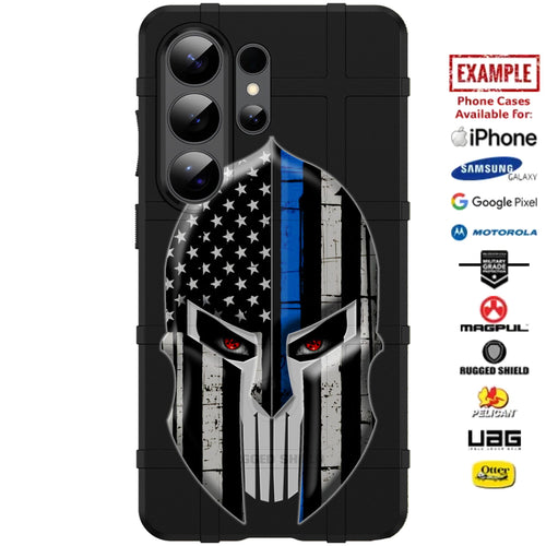Police Spartan US Flag Thin Blue Line Helmet over Red Eye Punisher Custom Printed Case Design for Apple, Samsung, Google & Motorola Phone Models