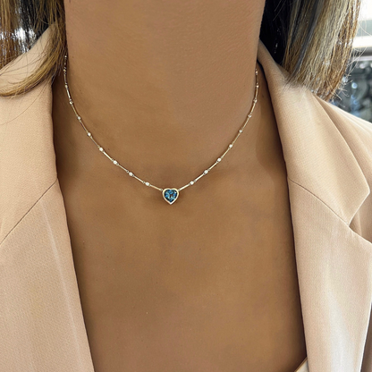 Bianka Blue Topaz Heart & Diamond Bezel Necklace