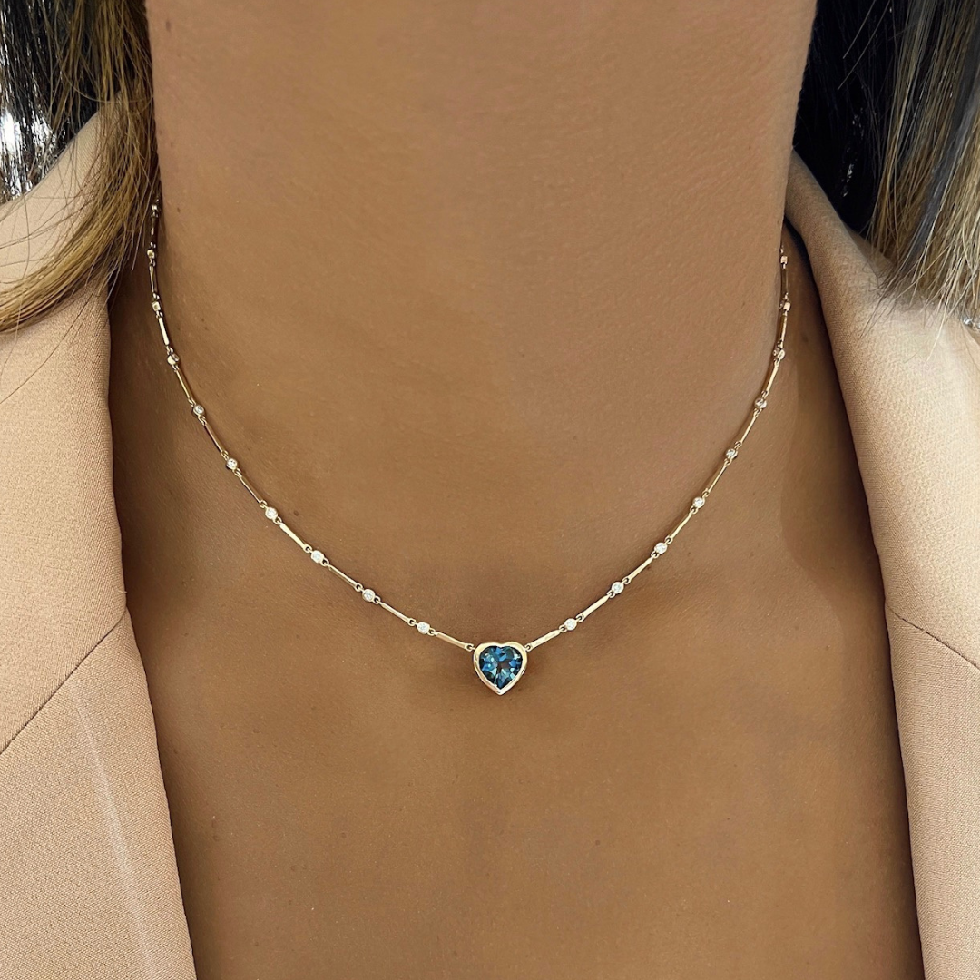 Bianka Blue Topaz Heart & Diamond Bezel Necklace