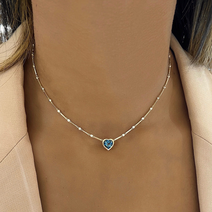 Bianka Blue Topaz Heart & Diamond Bezel Necklace