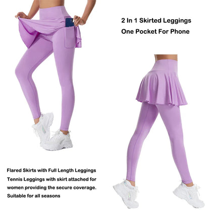 High-Waisted Tennis Skirted Leggings with Pocket - Women’s Active Skort