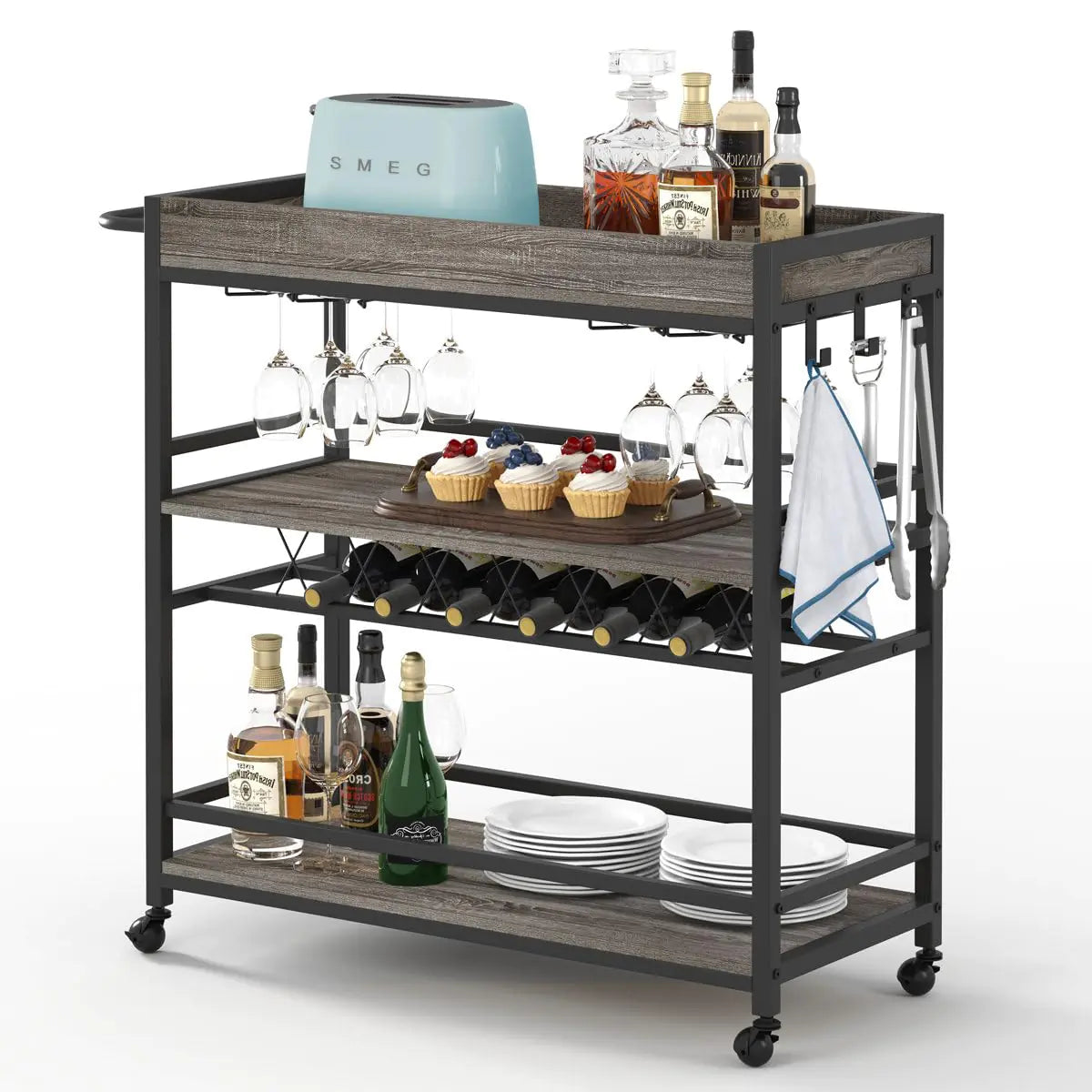 BON AUGURE Bar Cart Home Bar Serving Cart on Wheels Mobile 3 Tier Liquor Beverage Cart with Wine Rack and Glass Holder Grey Oak