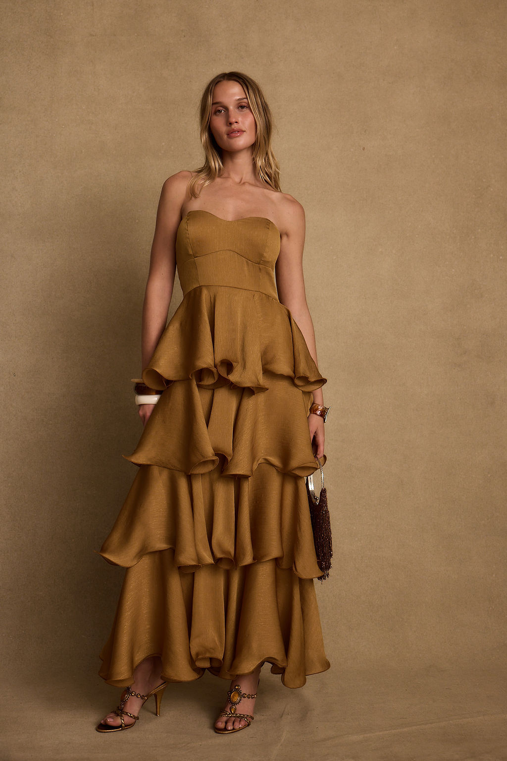 Selene Gold Ruffle Maxi Dress