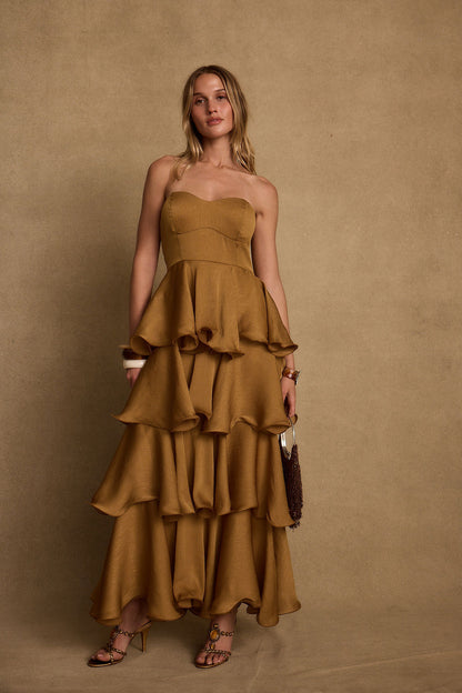 Selene Gold Ruffle Maxi Dress