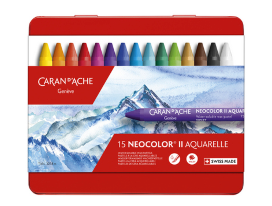 CARAN DACHE NEOCOLOR II PASTELS 15 COLOUR METAL BOX SET