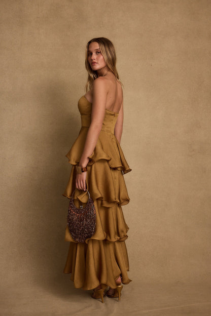 Selene Gold Ruffle Maxi Dress