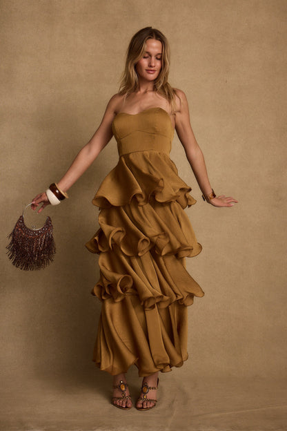 Selene Gold Ruffle Maxi Dress