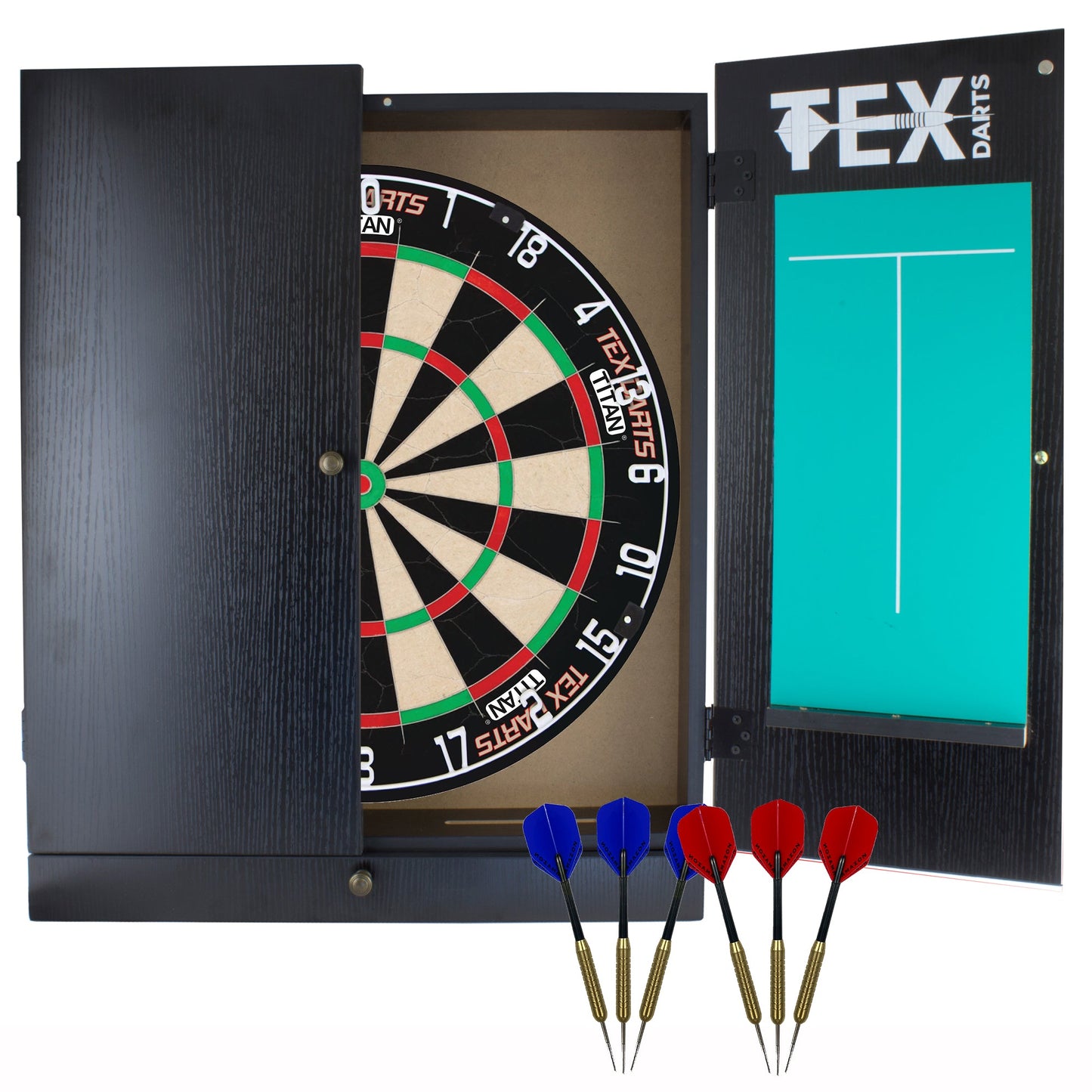 TEX - Storage CABINET, DARTBOARD, DARTS & MAT Set - BLACK