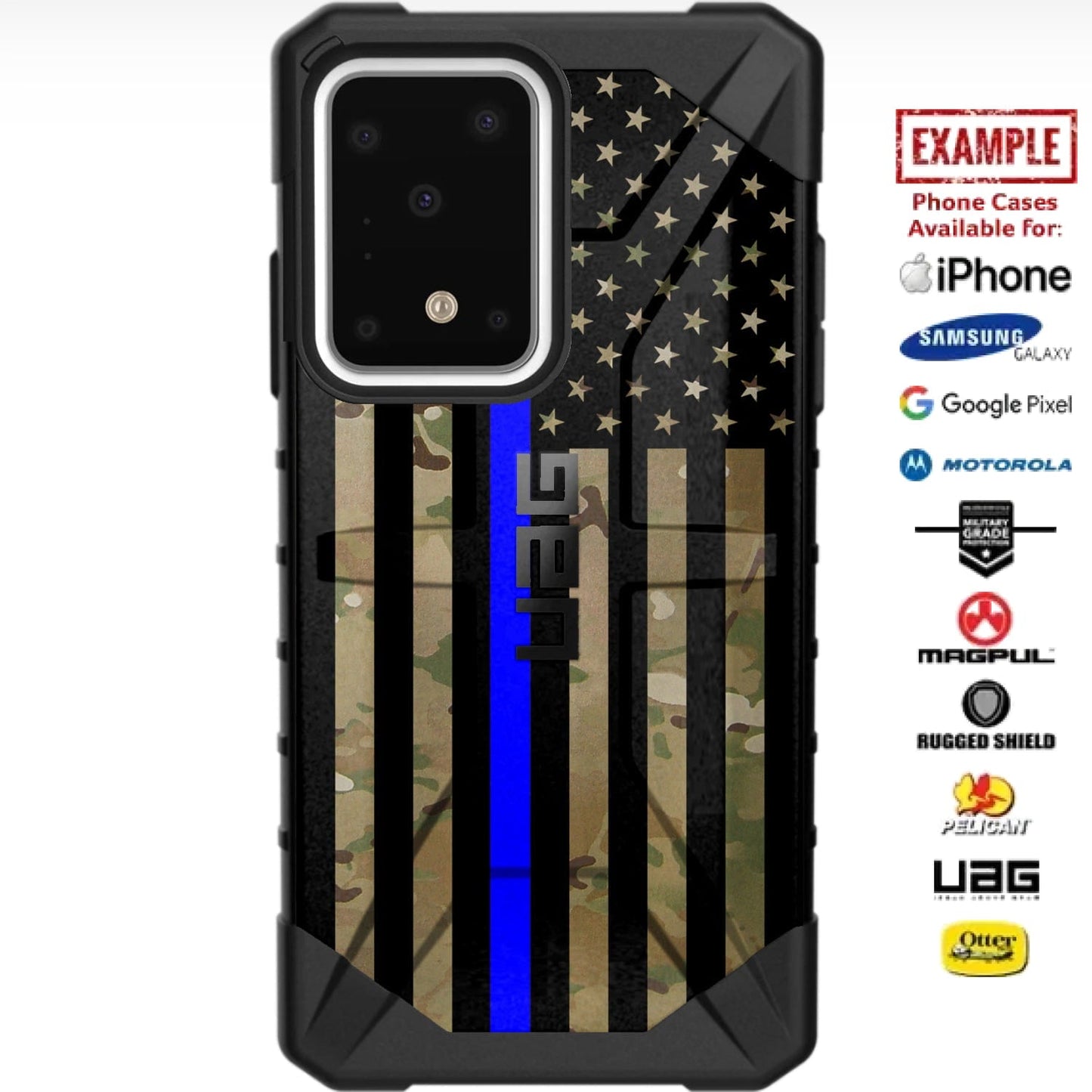 Multicam OCP/Scorpion Camouflage, Subdued US American Flag Thin Blue Line Police Custom Printed Case Design for Apple, Samsung, Google & Motorola Phone Models