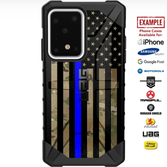 Multicam OCP/Scorpion Camouflage, Subdued US American Flag Thin Blue Line Police Custom Printed Case Design for Apple, Samsung, Google & Motorola Phone Models