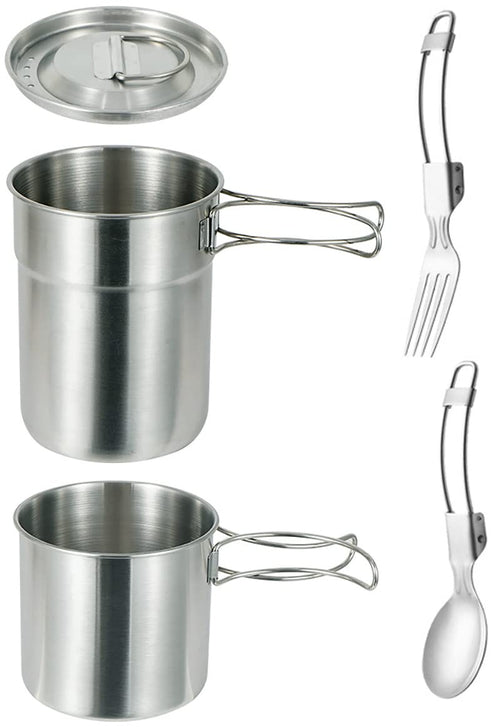 DZRZVD Camping Cups and Mugs Pot 2Pcs-304 Food Grade Stainless Steel-Foldable Handle-Outdoor Cookware Set with Vented Lid & Spoon Fork-33oz Big+24oz Small for Backpacking Picnic Hiking Traveling