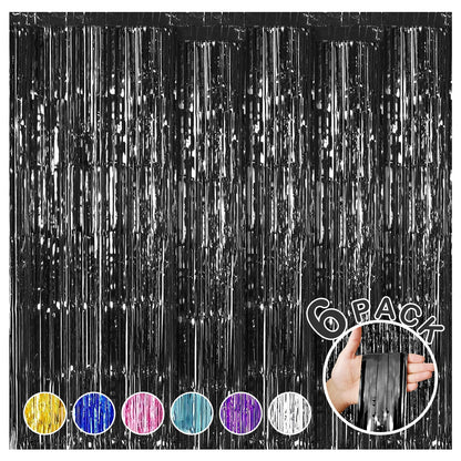 6 Pack Foil Fringe Backdrop Curtains 3.28 x 8.2 ft Black Tinsel Streamers Metallic Tinsel Foil Fringe Curtains Photo Booth Backdrop for Birthday Wedding Graduation Halloween Party Decorations