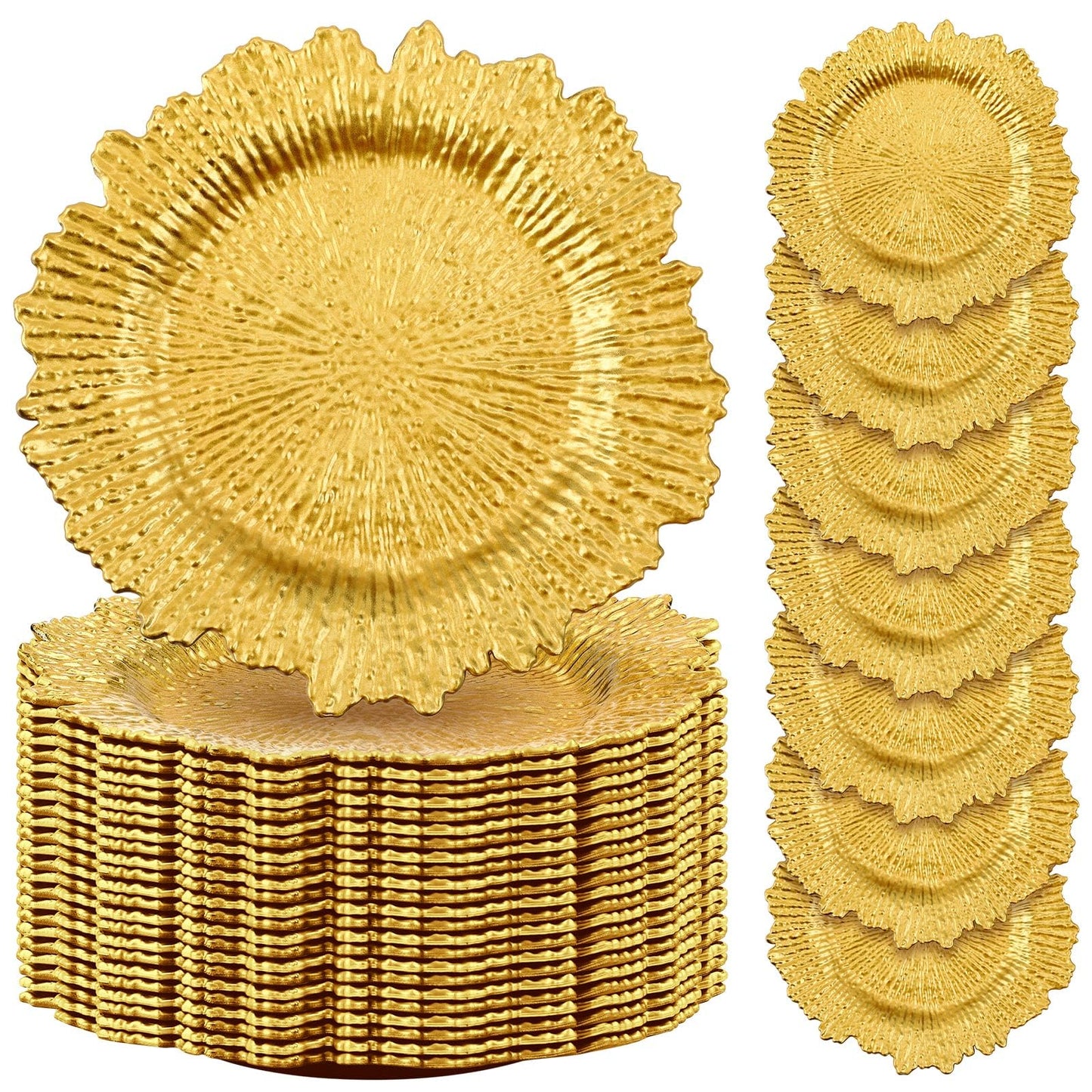 50 Pcs 13 Inch Charger Plates Bulk Plastic Plate Chargers with Floral Reef Design Round Ruffled Rim Dinner Charger Plates for Dinner Wedding Party Event Table Setting Decoration(Gold)