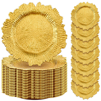 50 Pcs 13 Inch Charger Plates Bulk Plastic Plate Chargers with Floral Reef Design Round Ruffled Rim Dinner Charger Plates for Dinner Wedding Party Event Table Setting Decoration(Gold)