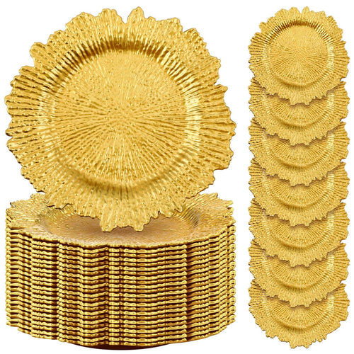 50 Pcs 13 Inch Charger Plates Bulk Plastic Plate Chargers with Floral Reef Design Round Ruffled Rim Dinner Charger Plates for Dinner Wedding Party Event Table Setting Decoration(Gold)