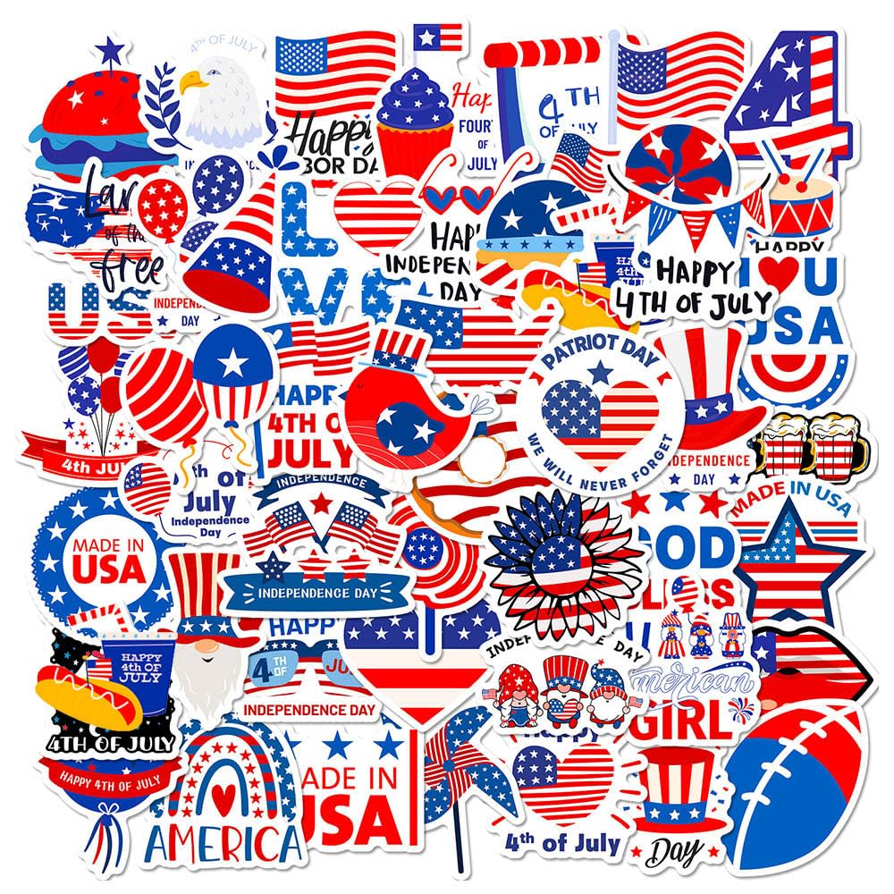 Independence Day Stickers 4th of July Stickers Patriotic Stickers American Flag Stickers for Laptop Skateboards Water Cup - 50Pcs