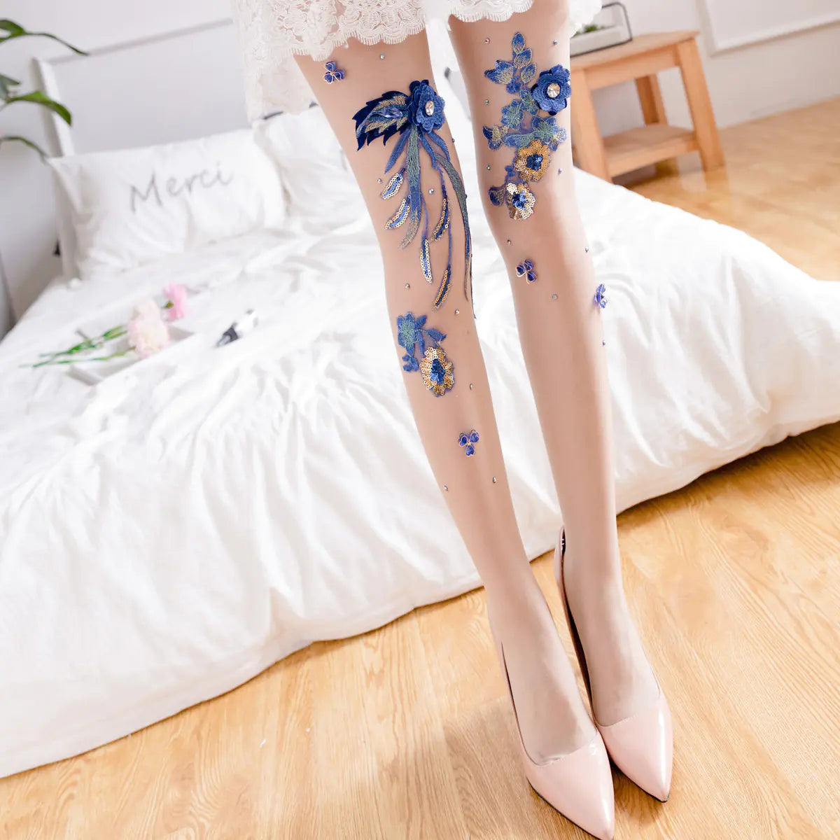 Embroidered Cherry Blue Banshee Pattern Stockings