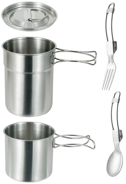 DZRZVD Camping Cups and Mugs Pot 2Pcs-304 Food Grade Stainless Steel-Foldable Handle-Outdoor Cookware Set with Vented Lid & Spoon Fork-33oz Big+24oz Small for Backpacking Picnic Hiking Traveling
