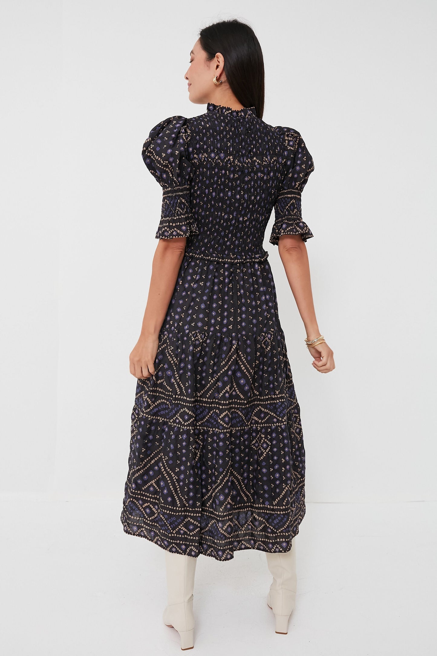 Blue Delphine Pucker Cotton Puff Sleeve Smocked Dress