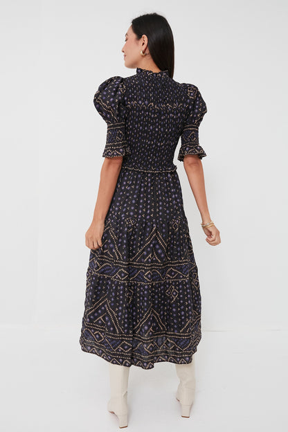 Blue Delphine Pucker Cotton Puff Sleeve Smocked Dress
